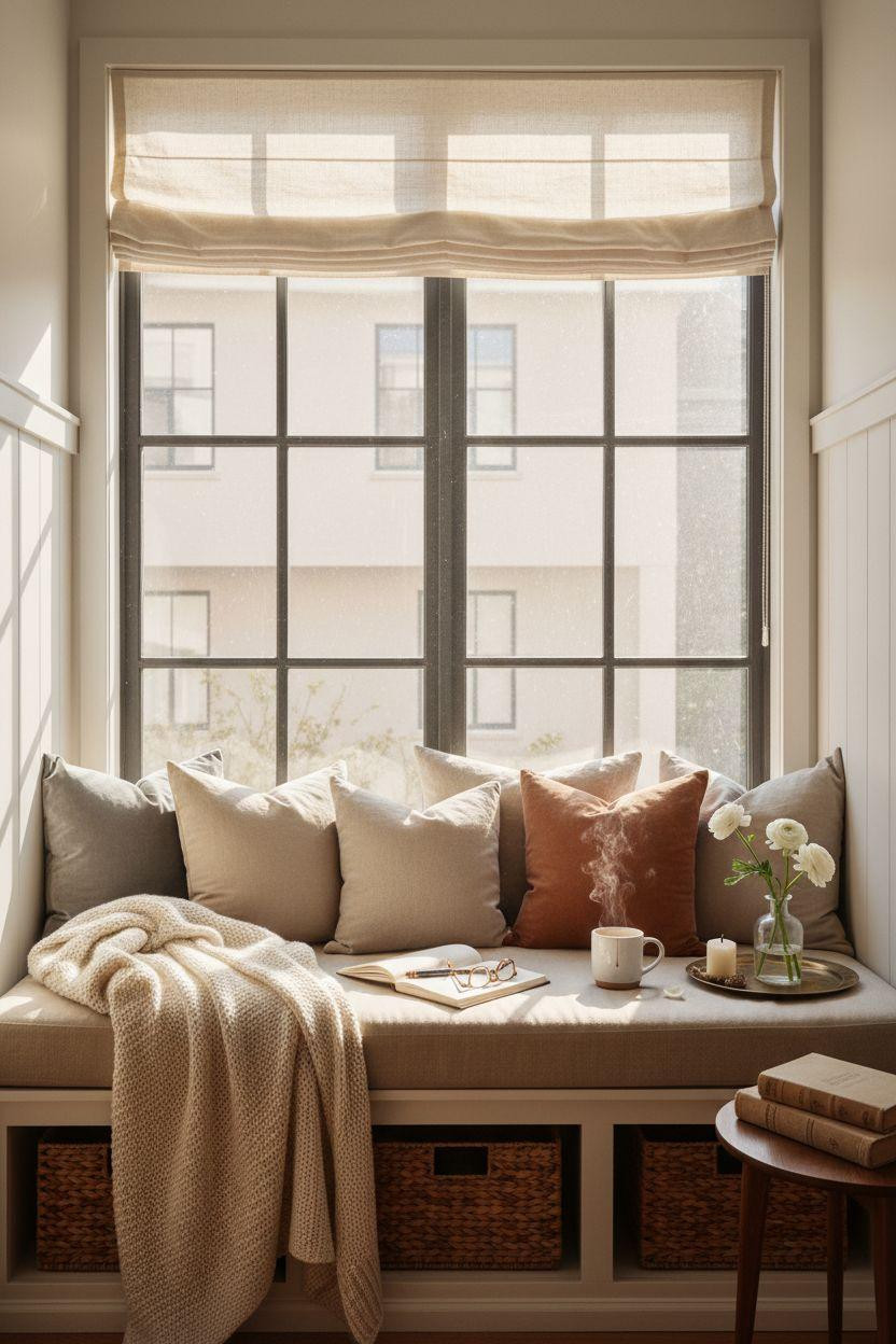 Window Sitting Ideas - tall window alcove with marble sill and layered cushions