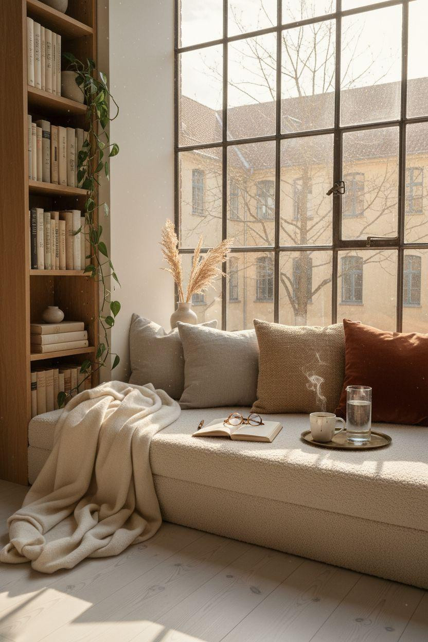 Window Sitting Ideas - minimalist Scandinavian window seat with bouclé texture