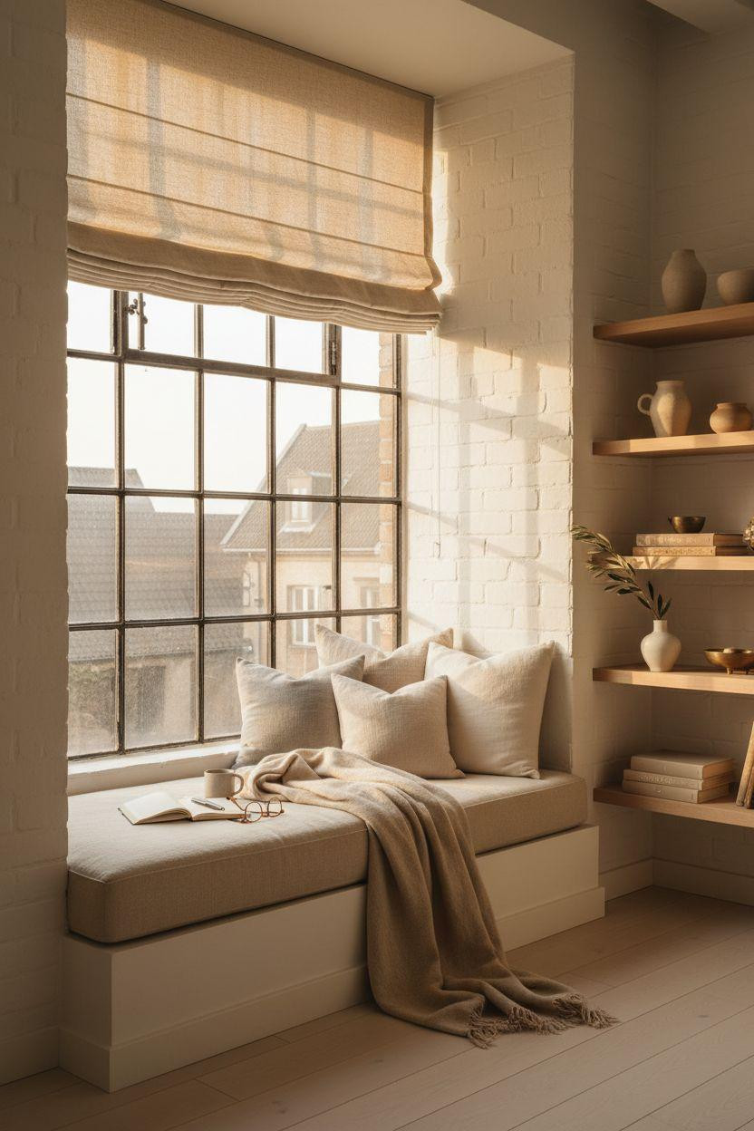Window Sitting Ideas - serene white oak window alcove with floating shelves