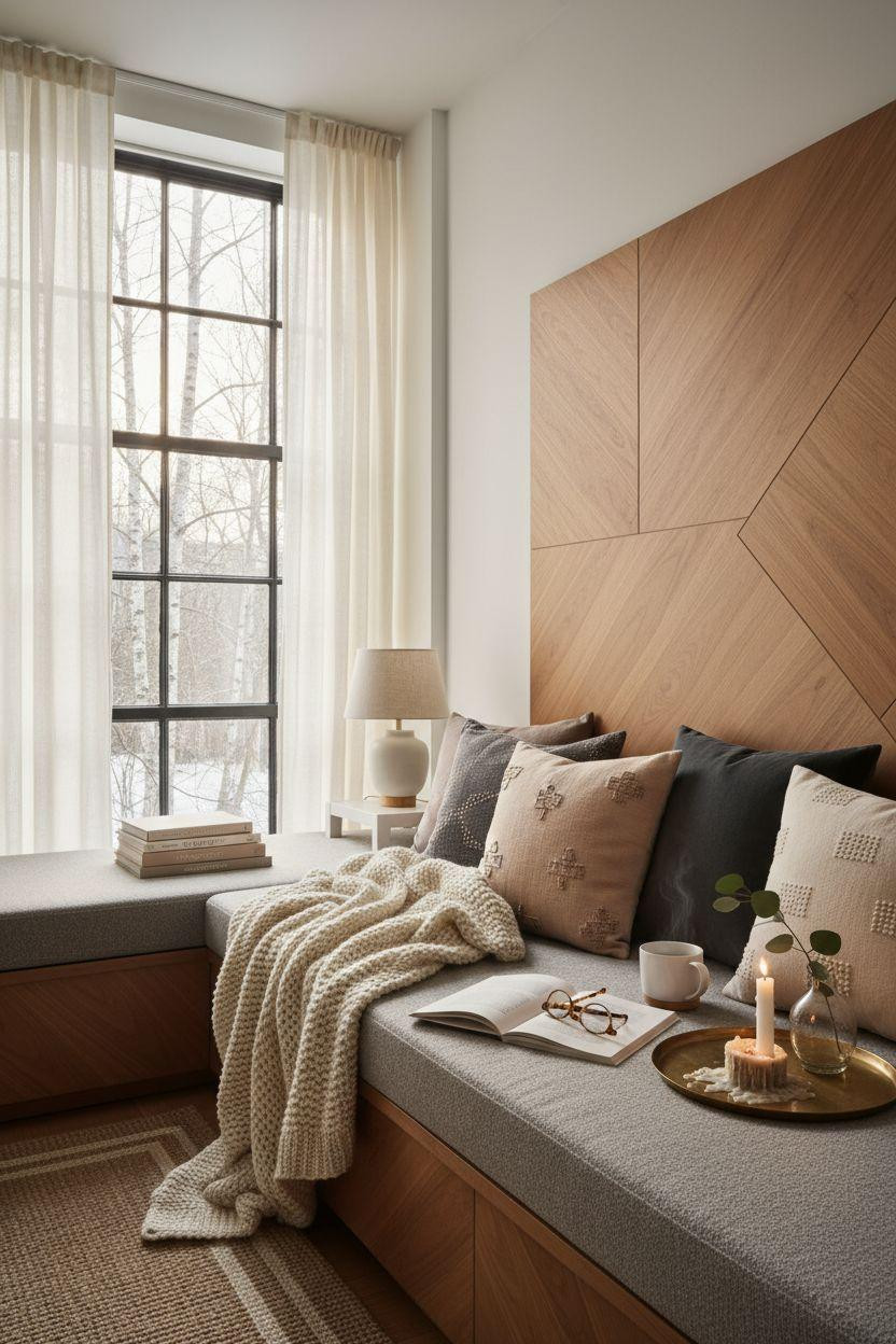 Window Sitting Ideas - Scandinavian bedroom nook with geometric wood paneling