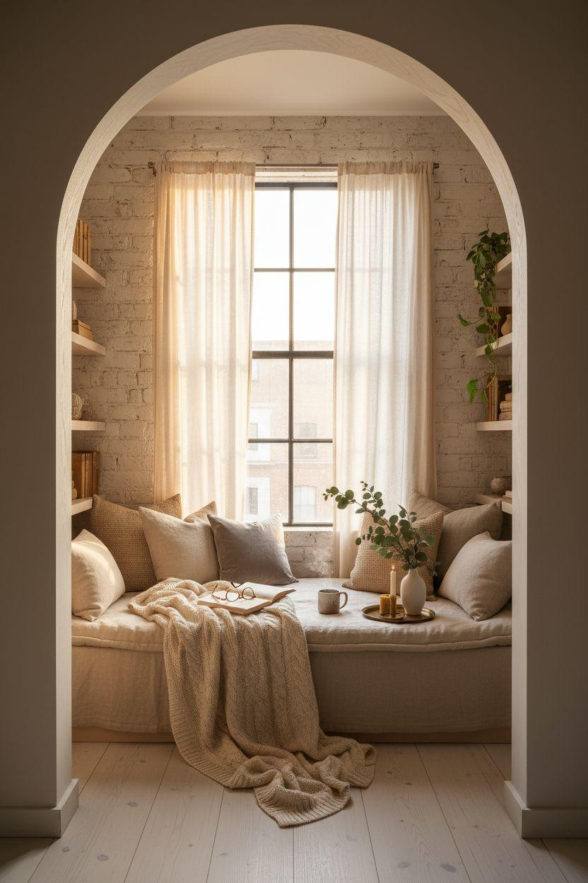 Window Sitting Ideas - window nook framed by arched doorway with sheer linen curtains