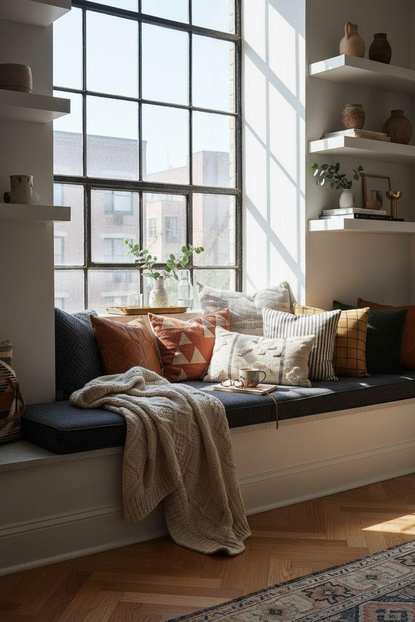 Window Sitting Ideas - brownstone window seat with mixed geometric patterns and oak floors