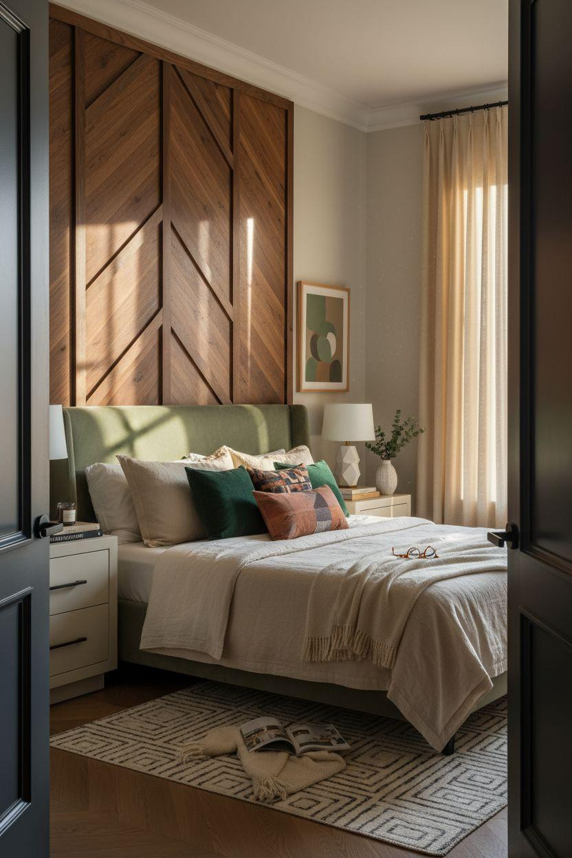 Master Bedrooms With Accent Wall - alternating walnut chevron and horizontal planks