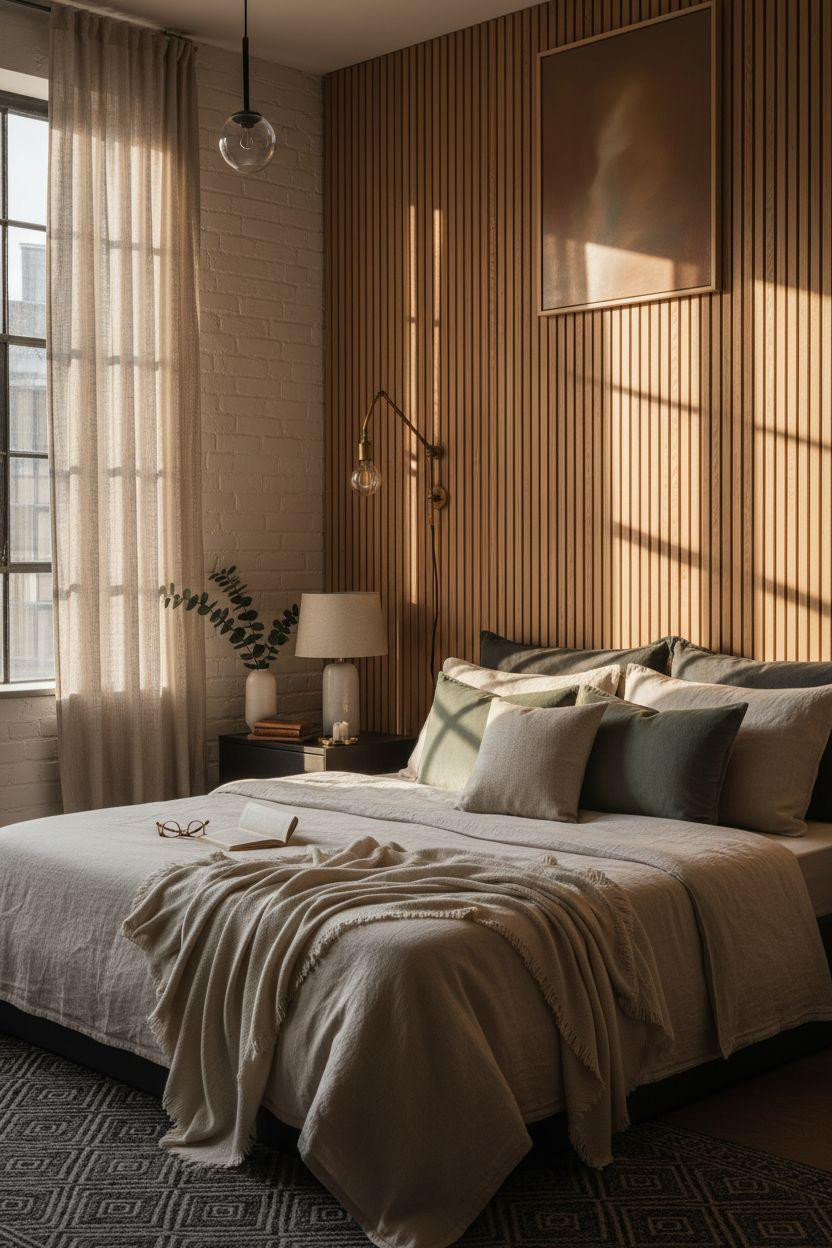 Master Bedrooms With Accent Wall - hand-carved oak slats with deep grooves