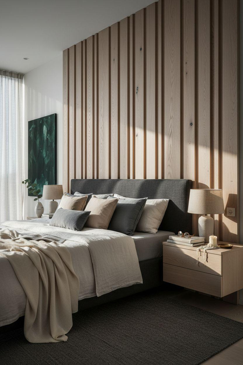 Master Bedrooms With Accent Wall - sculptural oak panels with dimensional depth