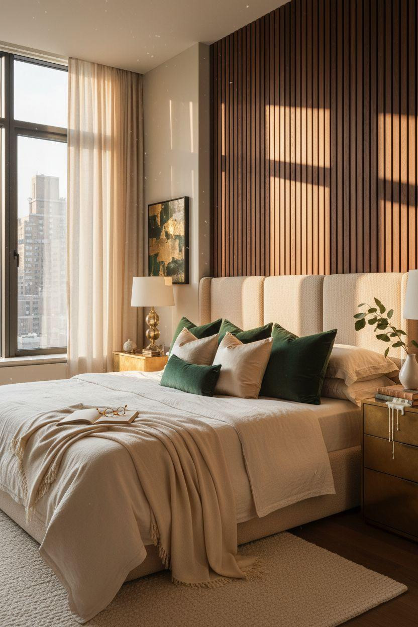 Master Bedrooms With Accent Wall - dark walnut wood slats with brass fixtures