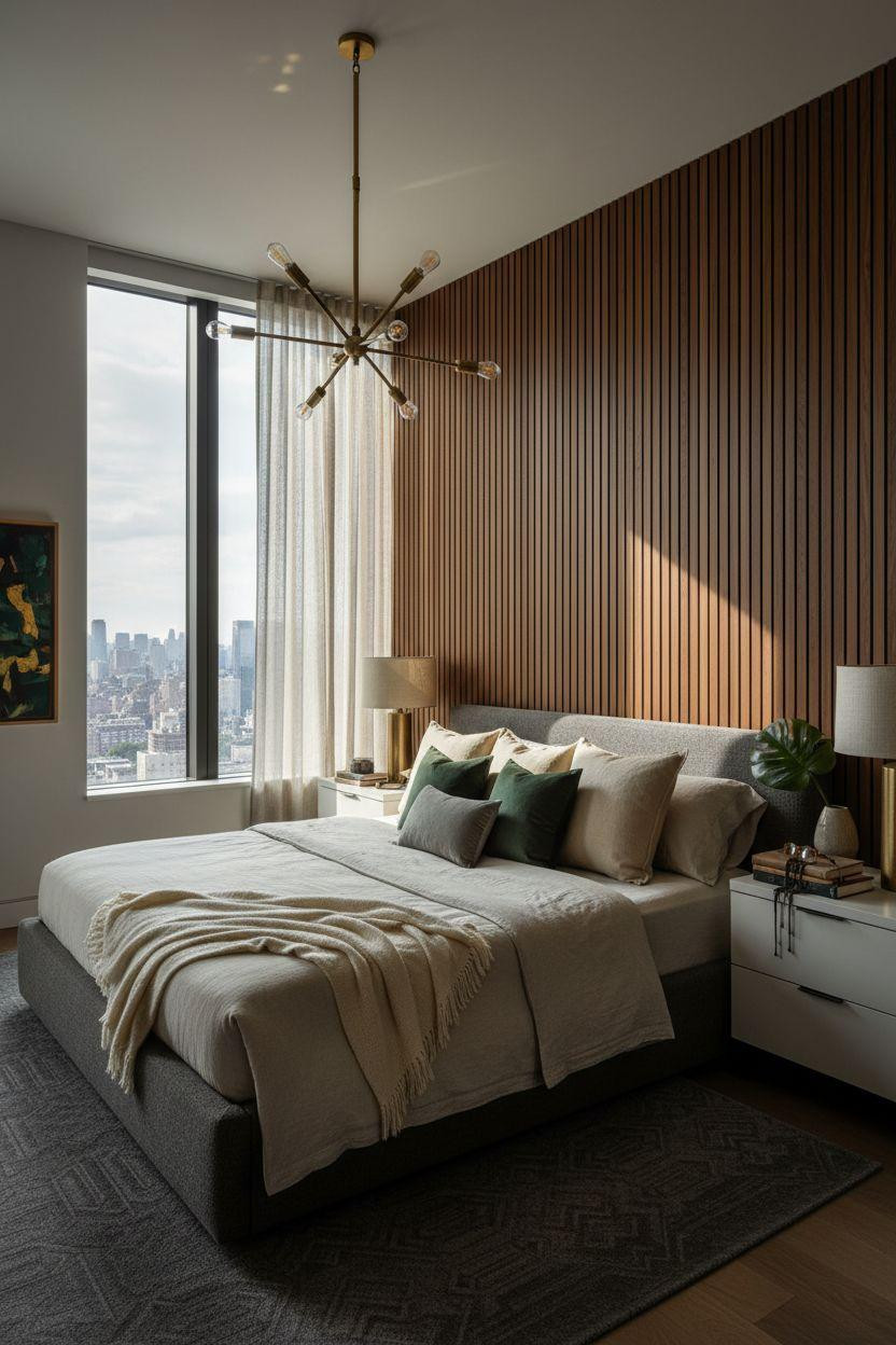 Master Bedrooms With Accent Wall - vertical walnut wood panels with deep grain