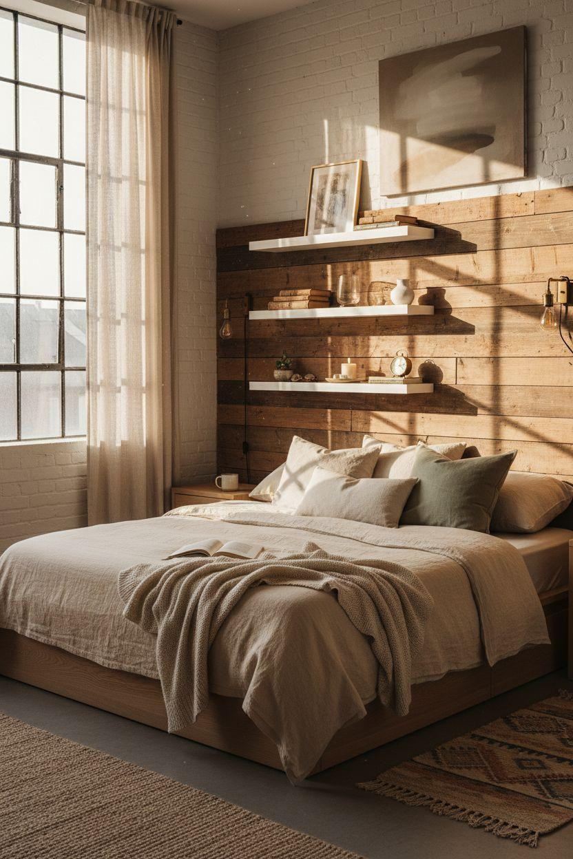 Master Bedrooms With Accent Wall - rustic reclaimed wood planks