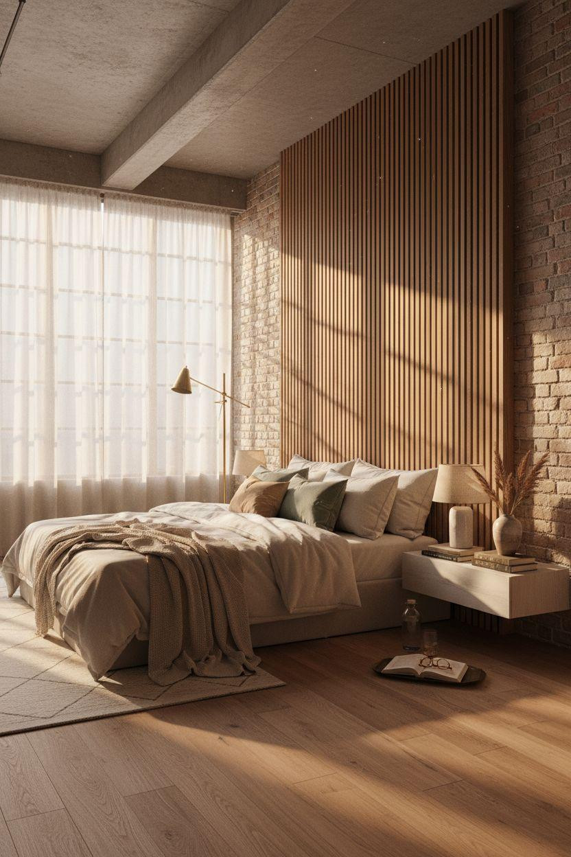 Master Bedrooms With Accent Wall - vertical walnut slats with natural grain variation
