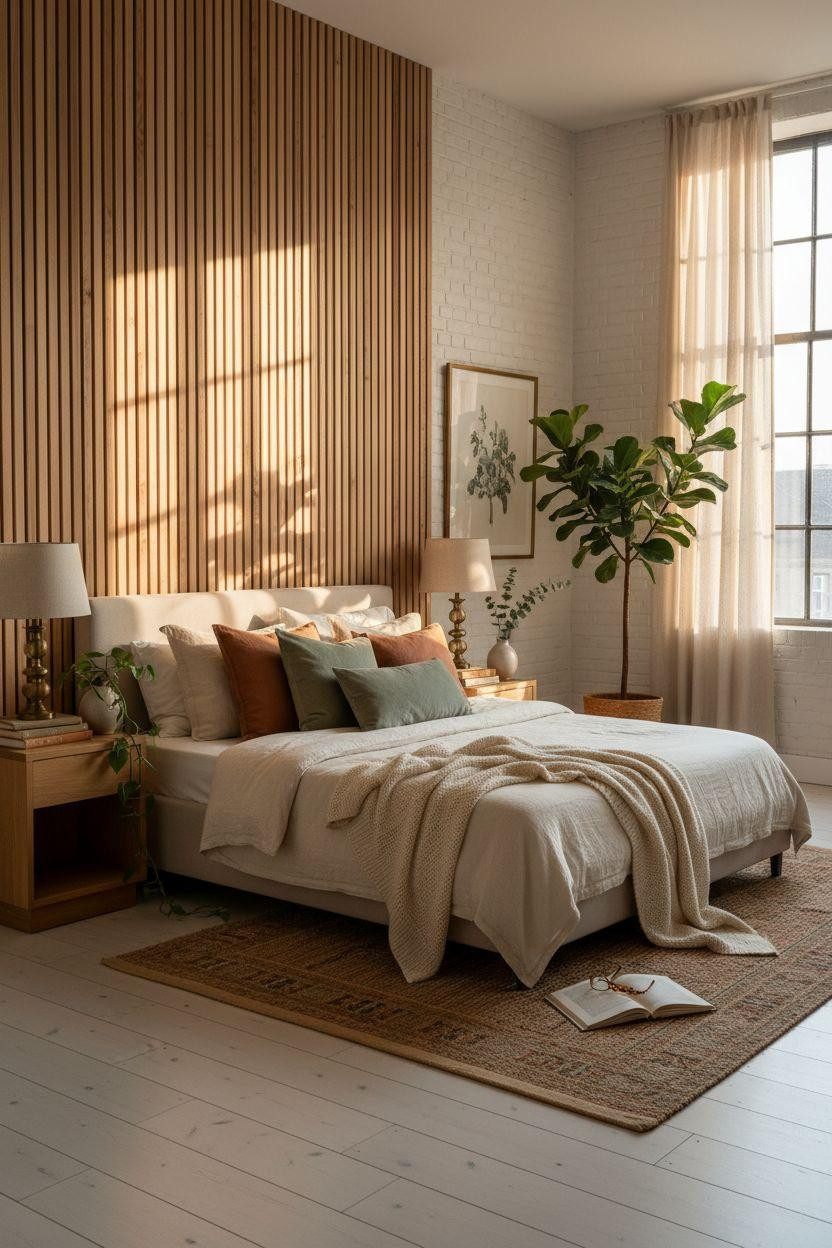 Master Bedrooms With Accent Wall - vertical natural teak wood slats
