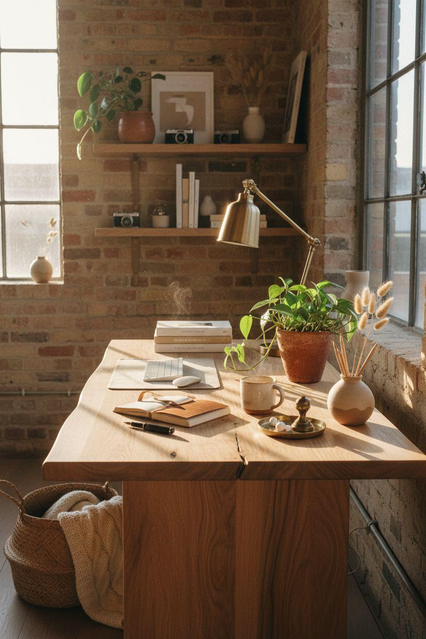 Work from home set up featuring desk details and brass accents