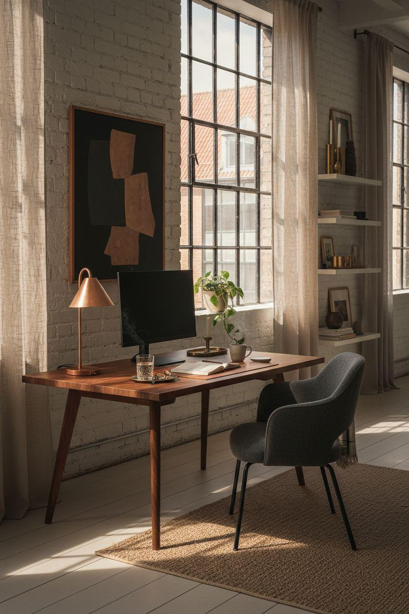 Work from home set up with dramatic lighting and metallic finishes