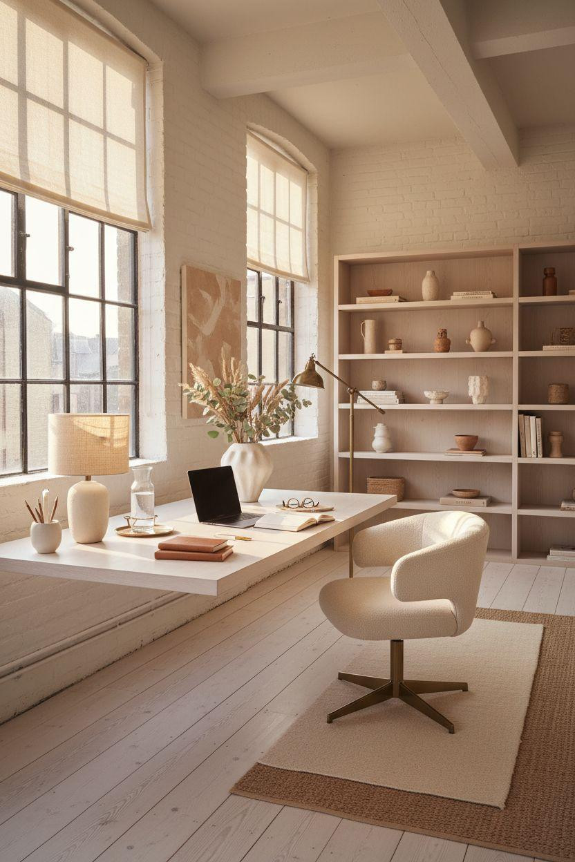 Work from home set up in spacious loft with floor-to-ceiling windows