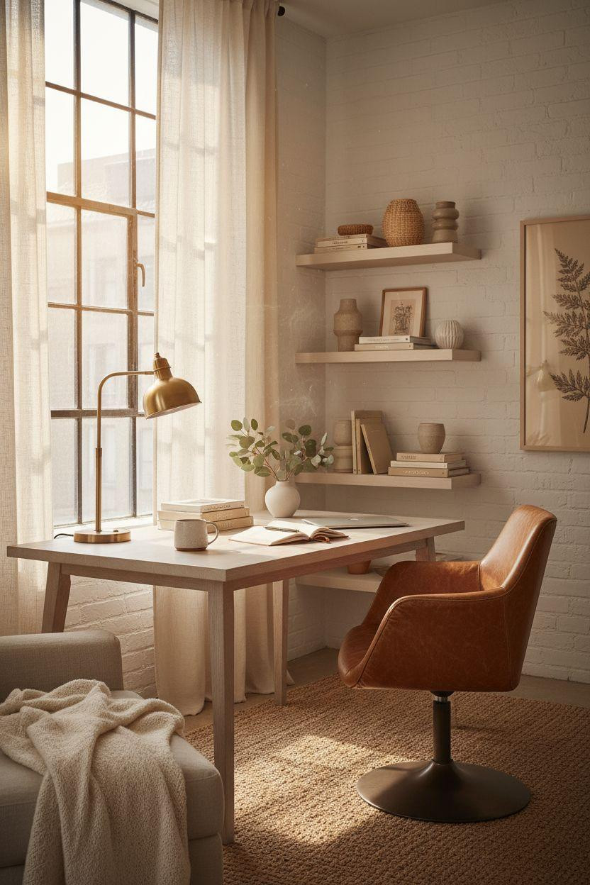 Work from home set up with natural light and clean aesthetic