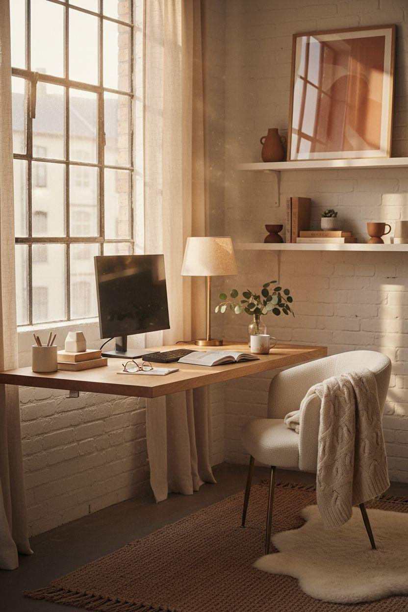 Work from home set up with cozy textile layers