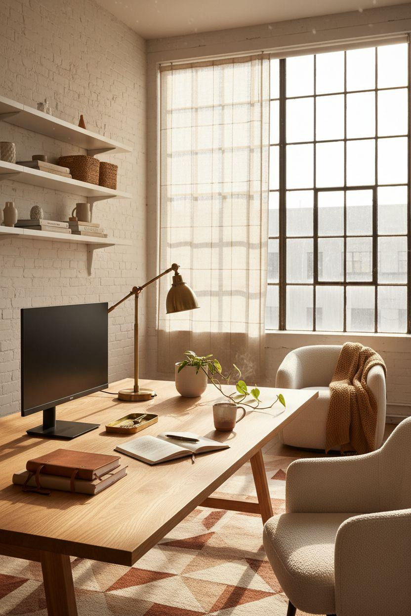Work from home set up with dramatic window light patterns