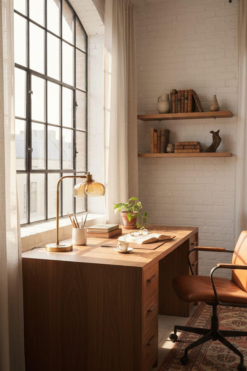 Work from home set up showing walnut desk and brass accents