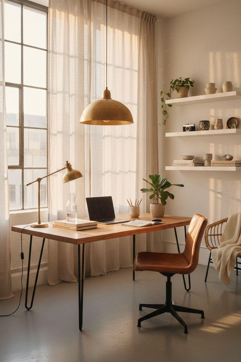 Work from home set up in industrial loft with natural light