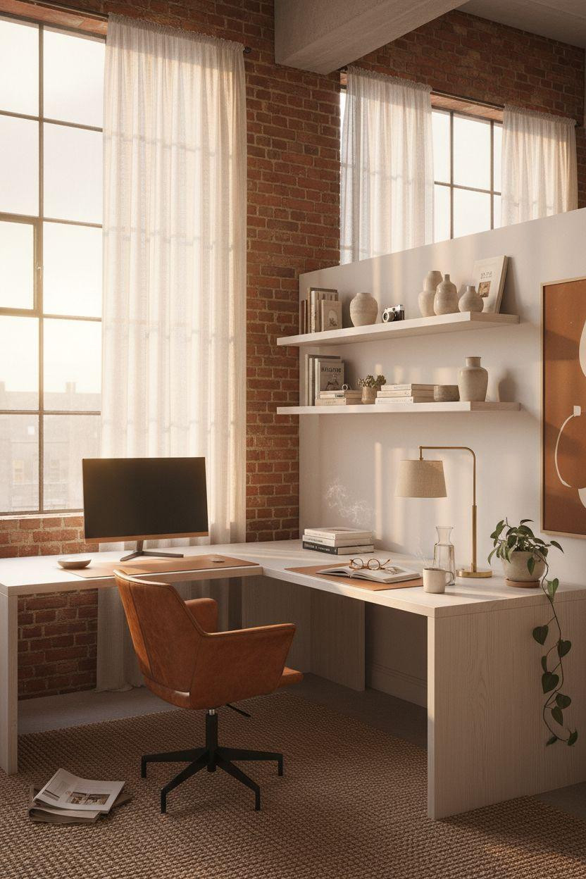 Work from home set up with architectural details and open shelving