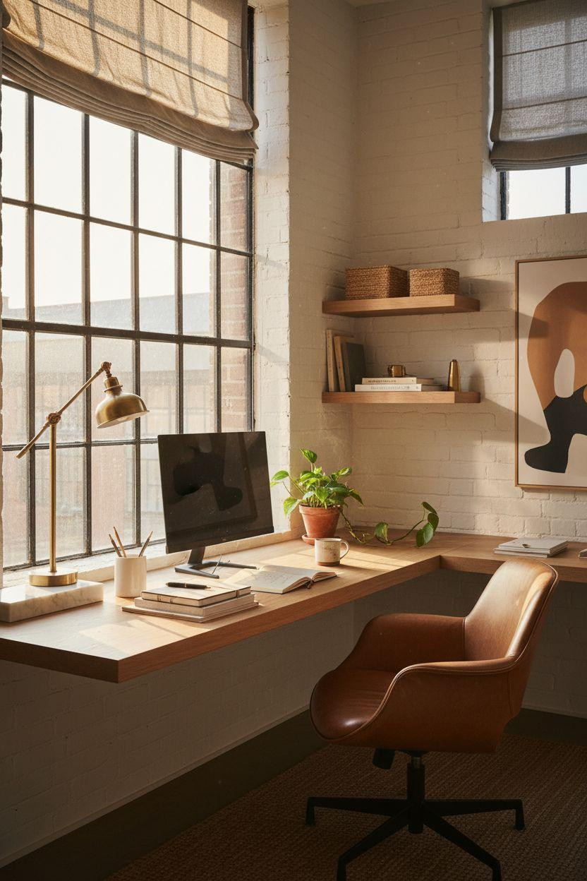 Work from home set up in corner with open shelving