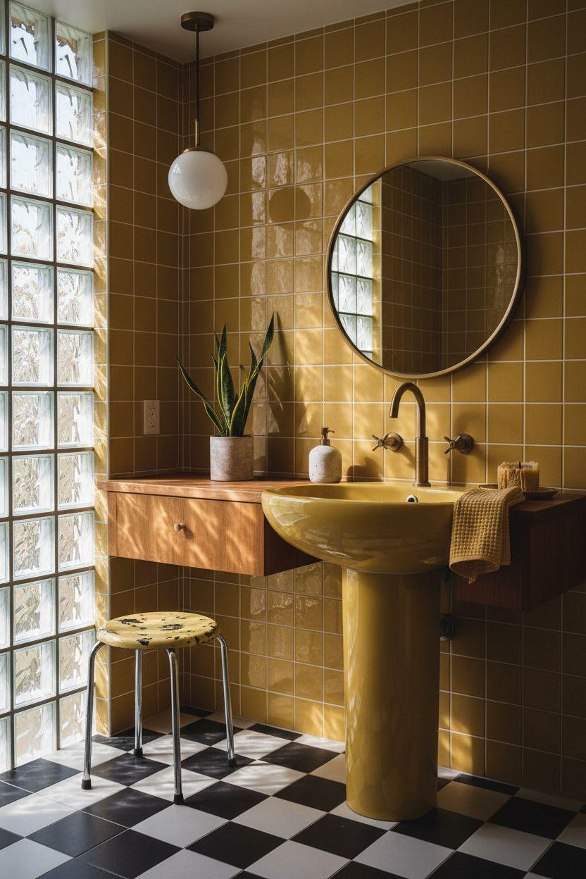 Yellow Bathroom with retro mustard tones and mid-century flair