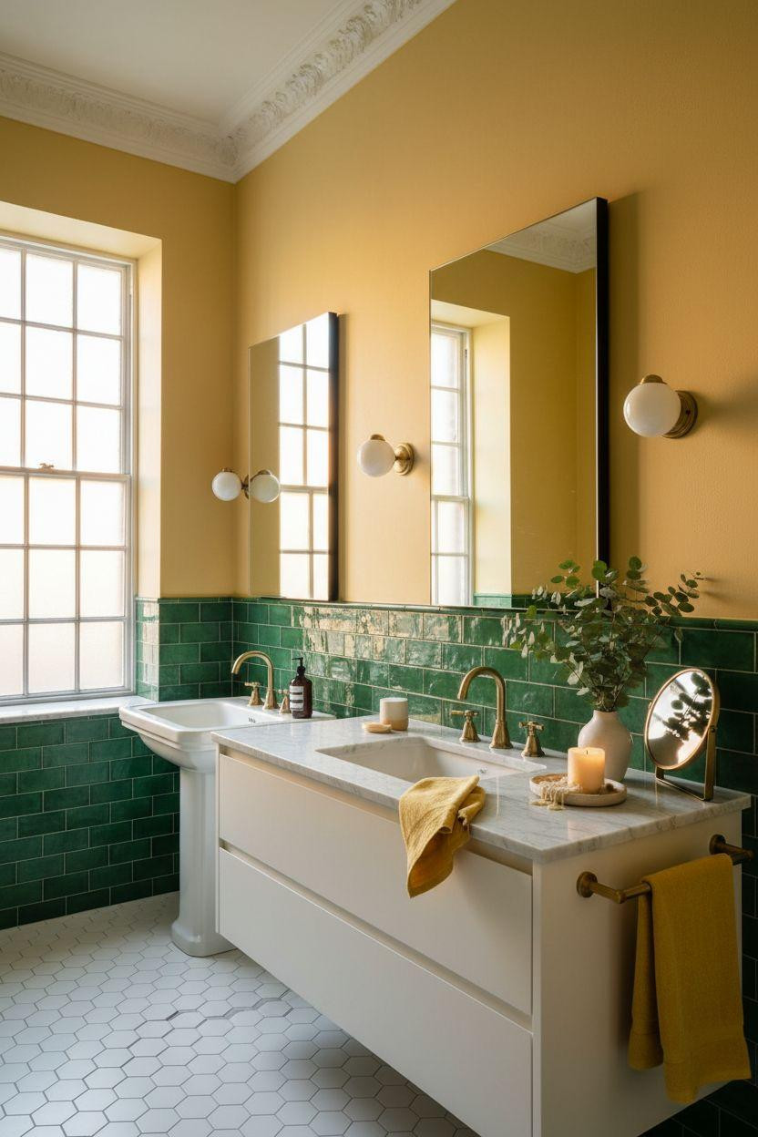 Yellow Bathroom with bold emerald green tiles and modern luxury