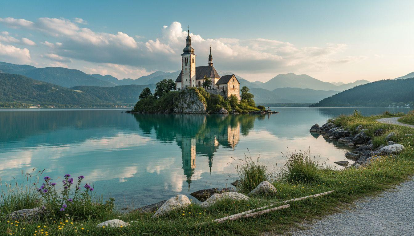 This Austrian peninsula mirrors twin church spires in turquoise alpine water