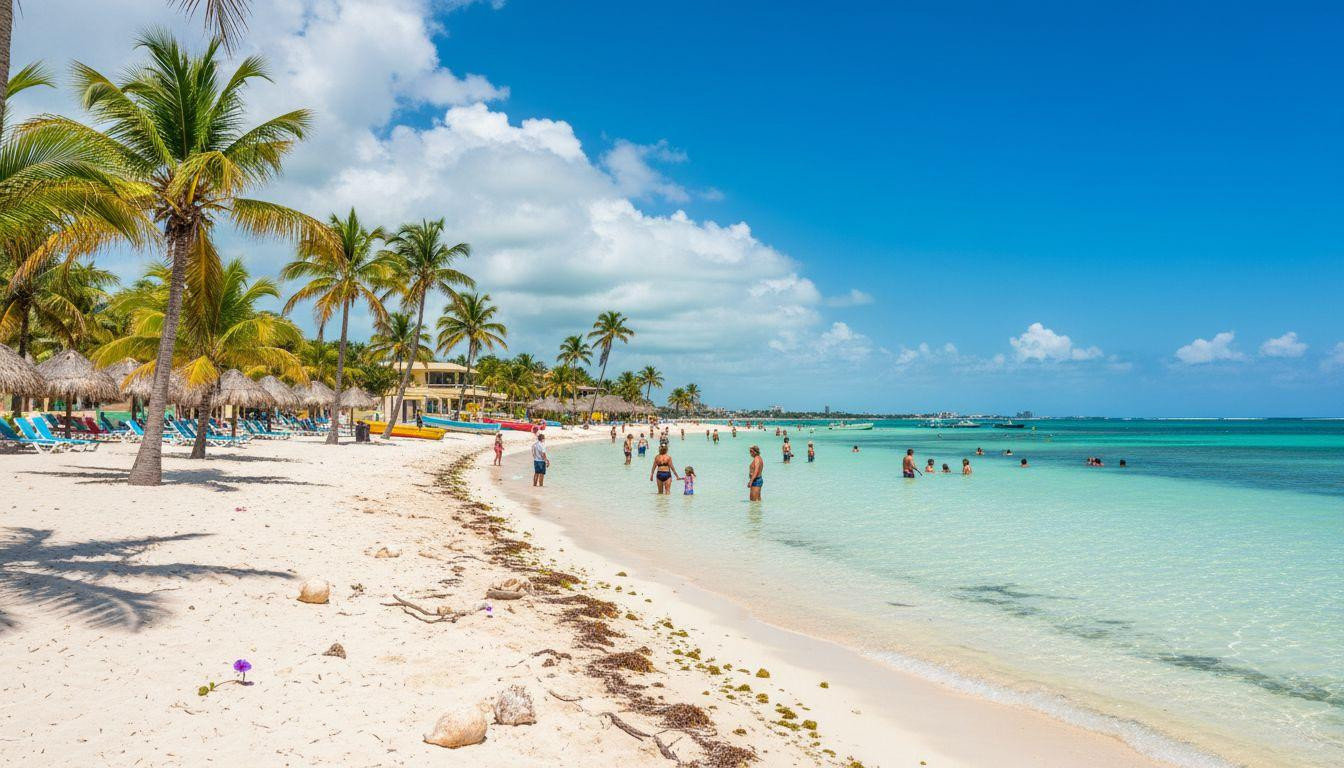 This Caribbean beach keeps water knee deep 300 meters offshore where families walk instead of swim