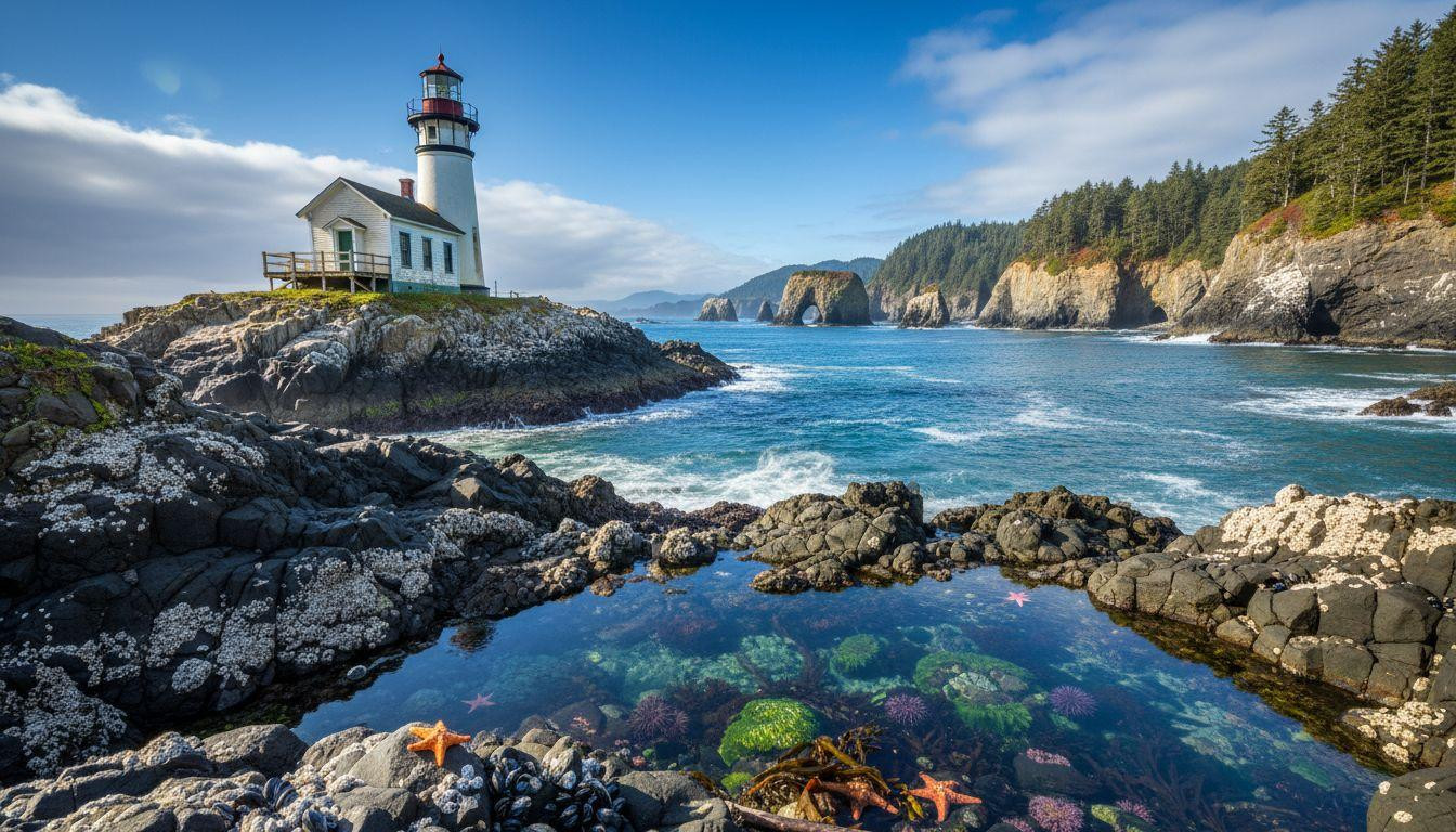 This Oregon lighthouse disappears into Pacific fog where rocky headlands meet the California border