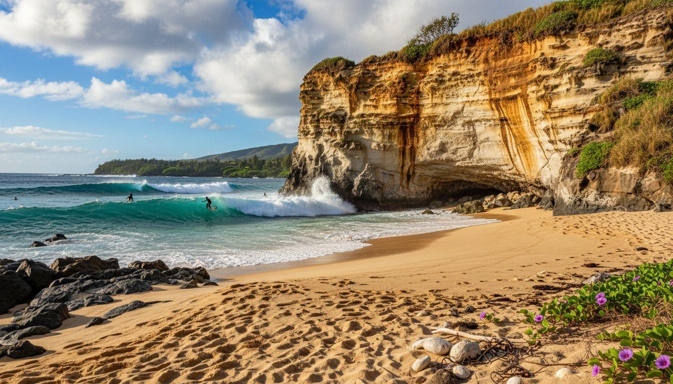 This 40 foot limestone cliff frames Kauai surfers riding 8 foot winter swells