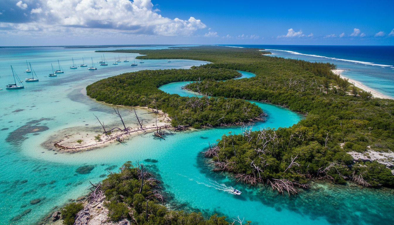 This Bahamas cay hides tidal rivers that reverse flow through electric blue mangrove tunnels