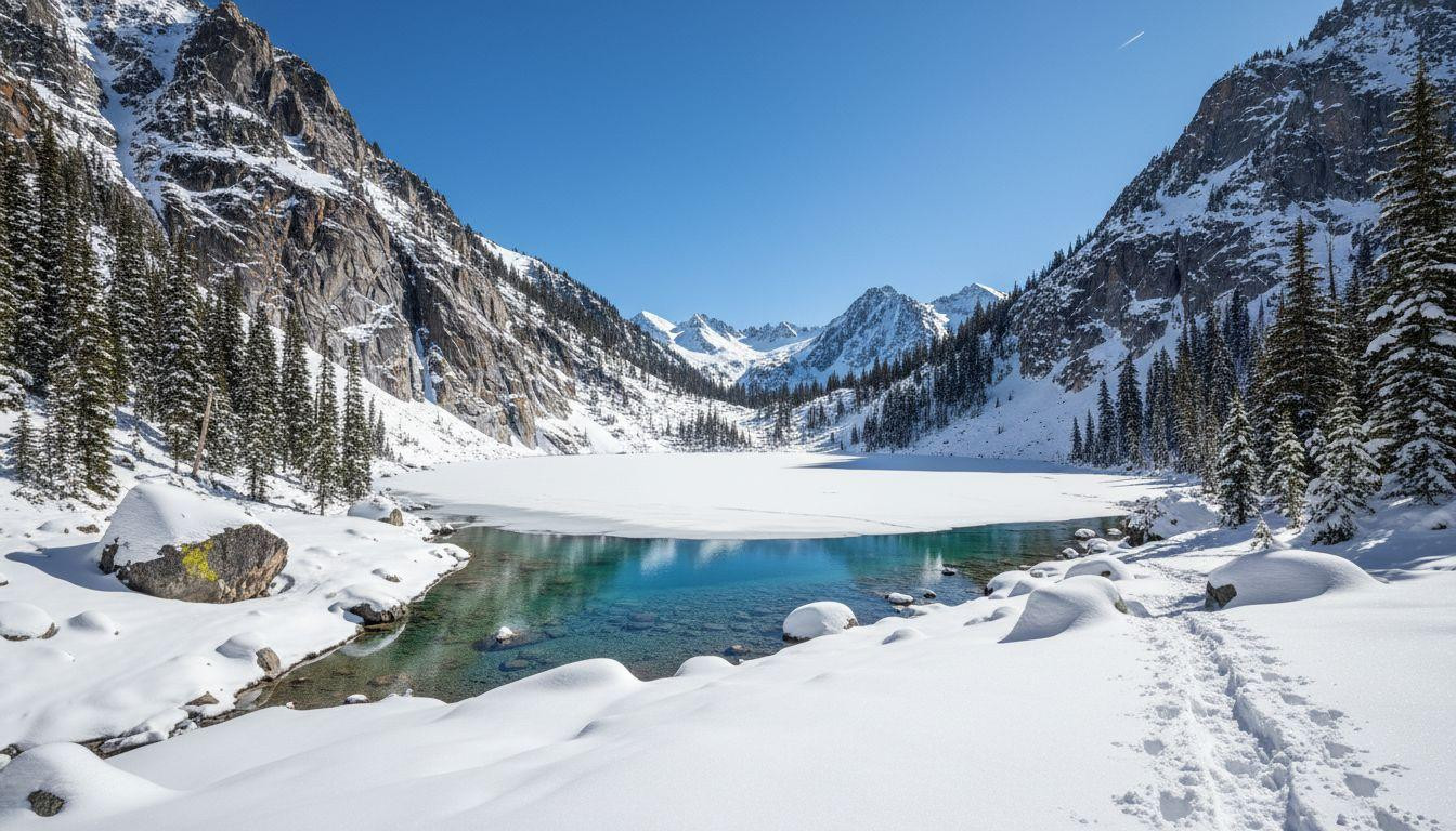 This alpine lake glows glacial blue-green where snowshoe trails end in winter silence