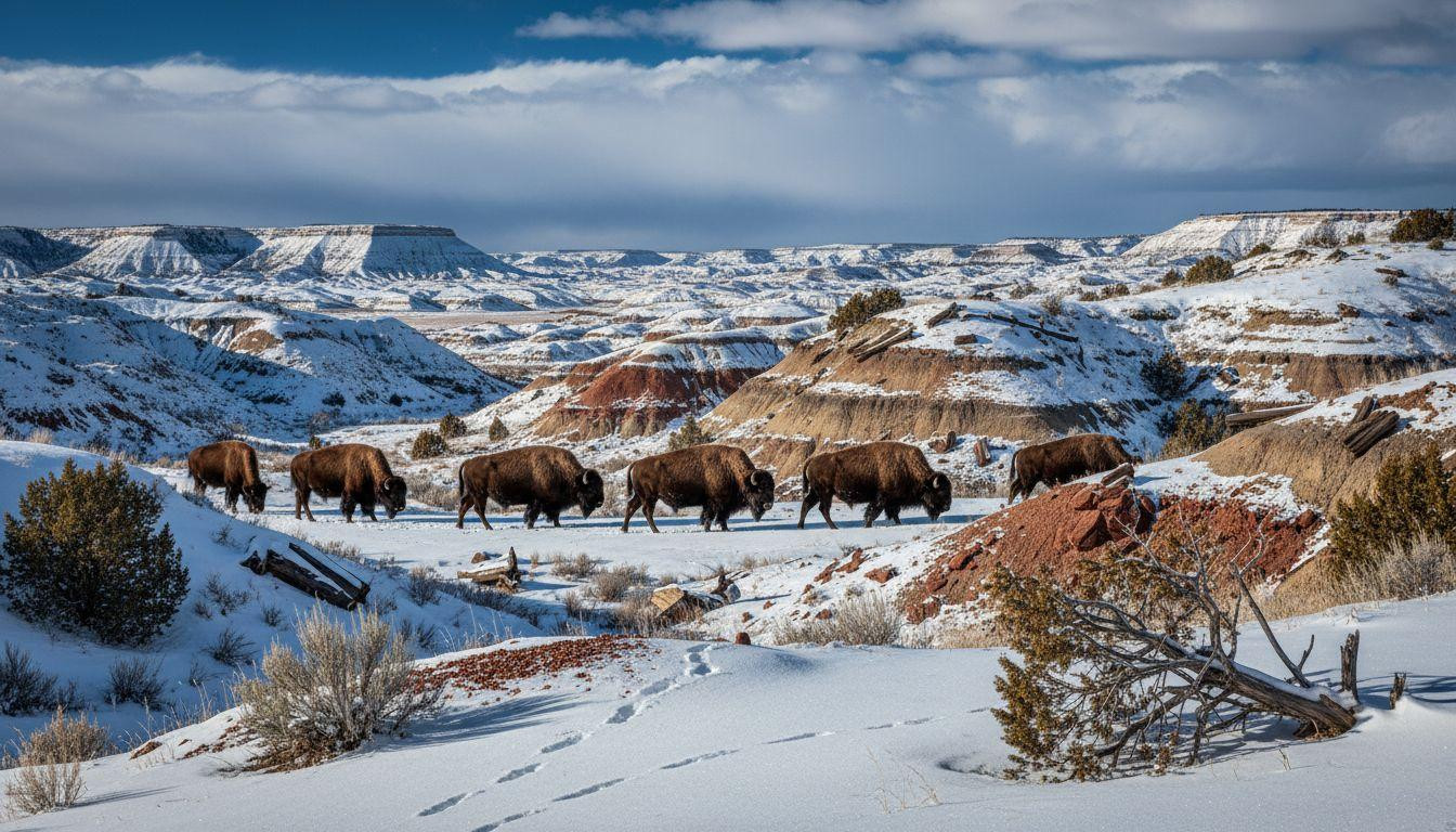 12 North Dakota trails where petrified wood meets bison moving through frozen badlands