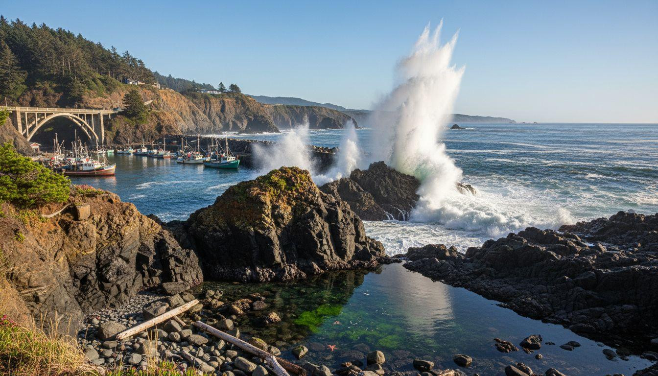 This Oregon harbor squeezes boats through 50 feet of basalt where spray plumes roar skyward
