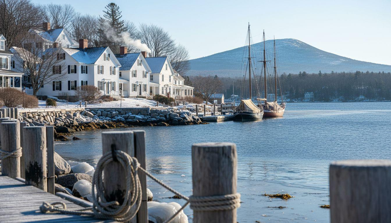 This Maine harbor frames 19th-century white houses above moored windjammers in January silence