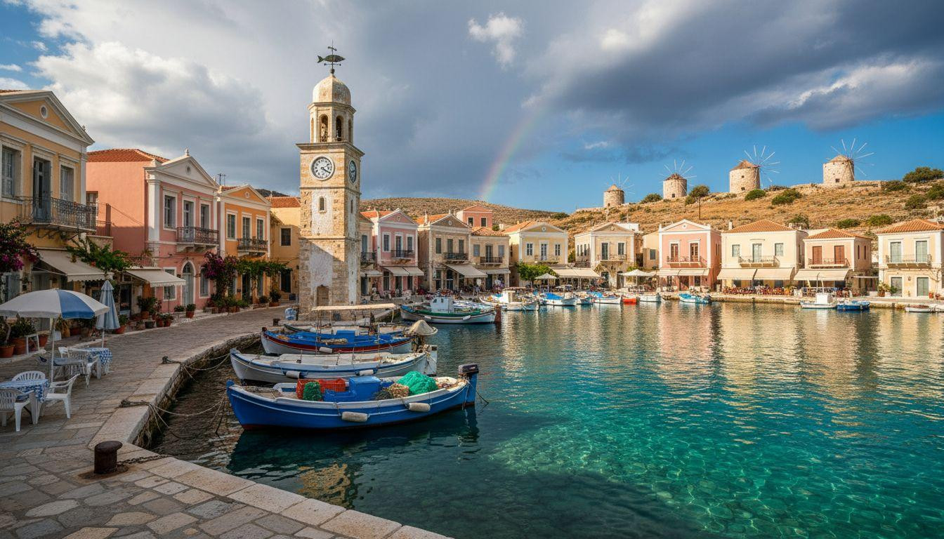 This Greek island hides the tallest clock tower in the Dodecanese above a 478-person harbor