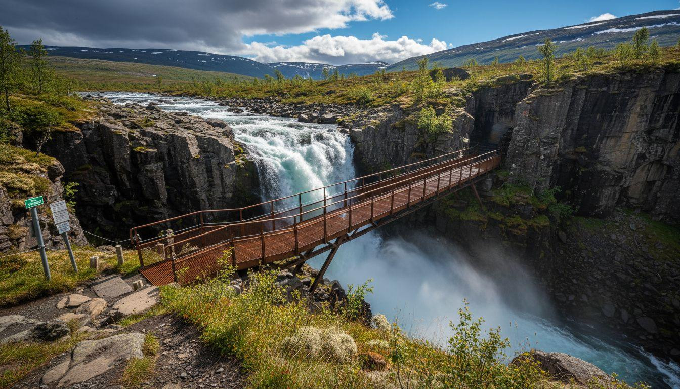 This Norwegian waterfall drops 182 meters where a 99-step bridge crosses the cascade