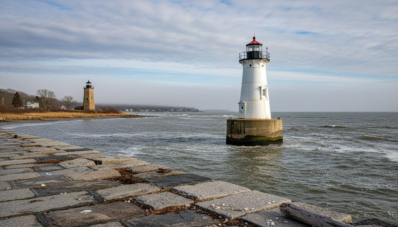 This Connecticut river mouth hides twin lighthouses where winter fog rolls between stone and iron