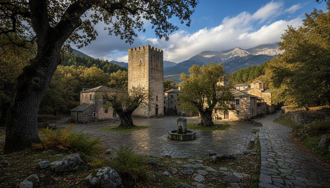 This Greek village hides beneath oak forests where 46 residents guard 800 year old Byzantine stone