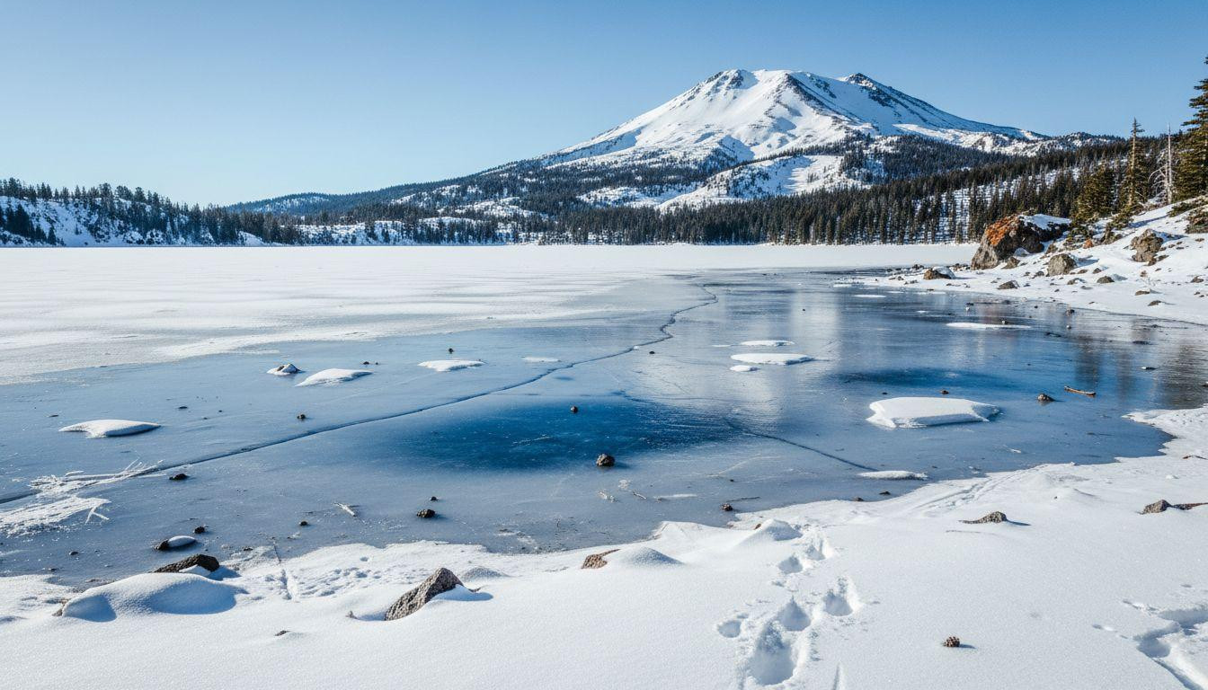 This California lake freezes silvery-blue at 8,200 feet where snowshoes reach volcanic mirror stillness