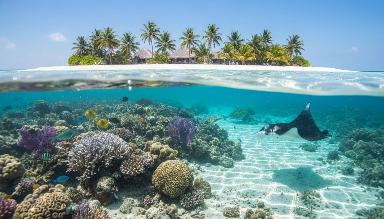 This Maldives island drops you into 30 meter visibility where mantas drift past in January's turquoise calm