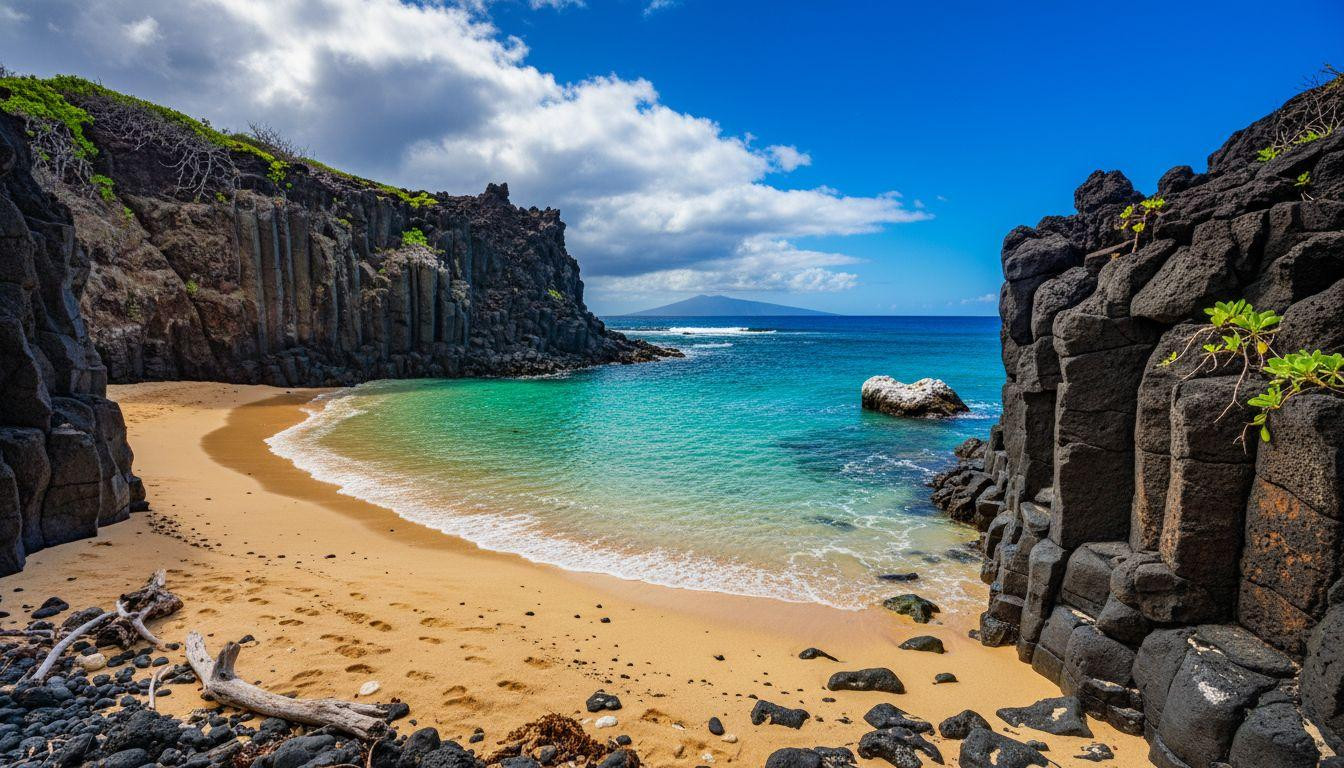 This Maui cove frames turquoise water with black lava rock walls where 30 people fill the intimate amphitheater