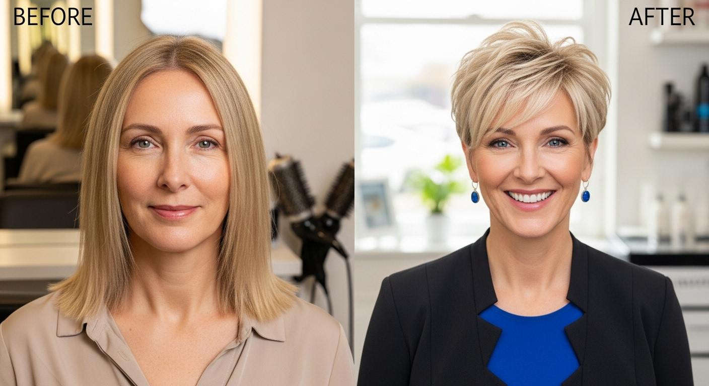 At 47, this soft layered pixie balanced her long face in 3 weeks using browline bangs