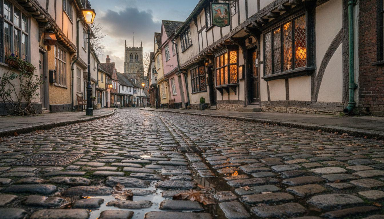 This English street glows at evening where 12th century cobbles catch amber light