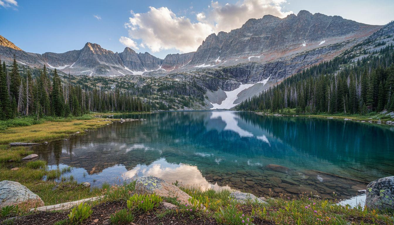 This alpine lake sits at 10,020 feet where granite peaks reflect in glacial blue silence
