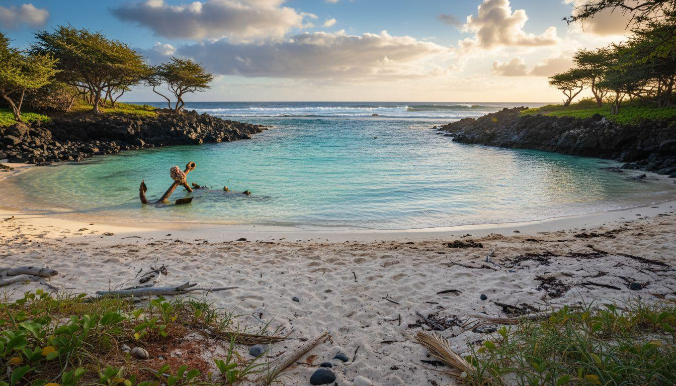 This 1916 shipwreck nameplate hangs at a cove where the iron anchor still rests in calm reef water