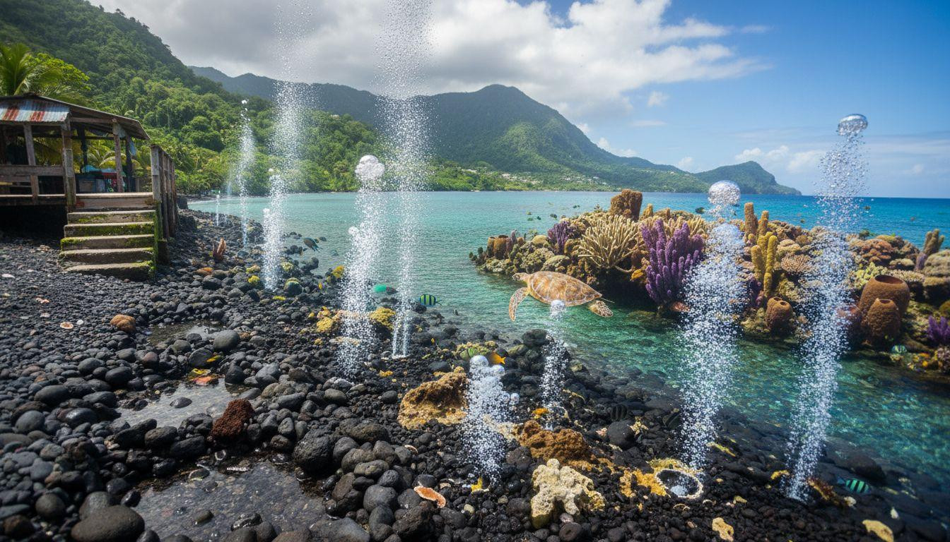 This Caribbean beach bubbles from underwater volcanic vents where warm gas streams rise through clear water