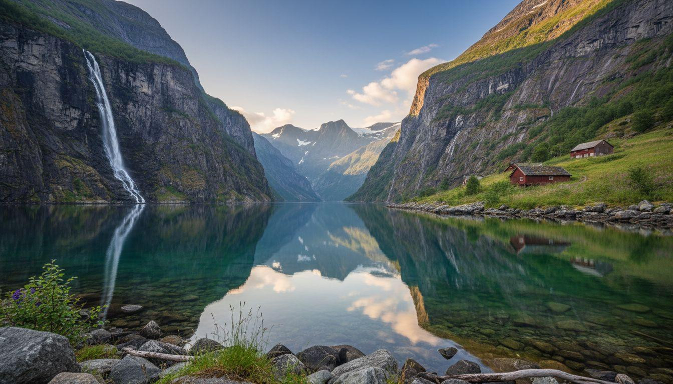 This Norwegian fjord turns mirror smooth on windless mornings where waterfalls double in glass water