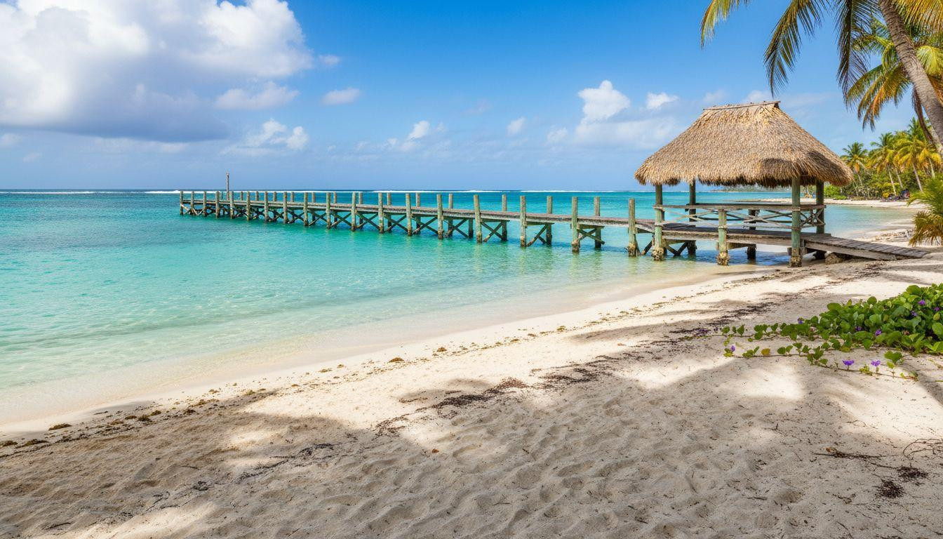 This Tobago jetty frames turquoise lagoon water where beats Grace Bay crowds