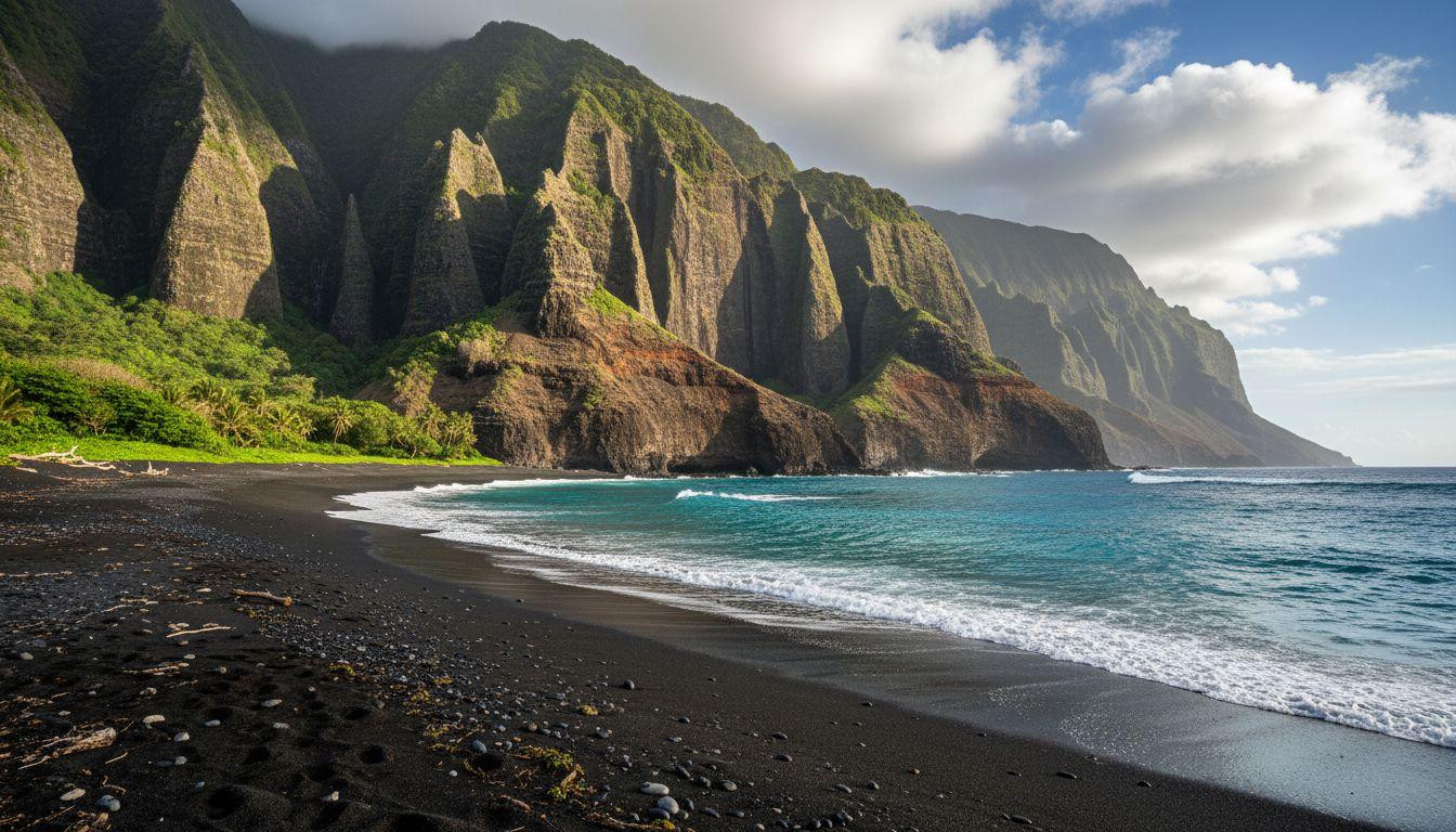 This black sand beach sits beneath 3,000 foot cliffs where 2026 closed the trail down
